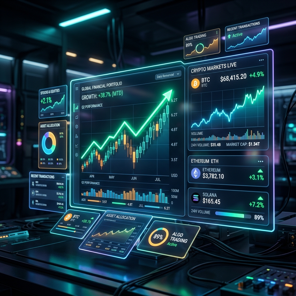 A modern sleak desk with a laptop displaying financial charts and upward arrows, glowing blue and green accents, high quality, photorealistic, 4k. No people.